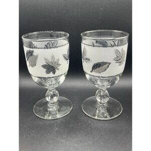 2 Libbey MCM 8 oz Frosted Silver Leaf Foliage Stemmed Wine/Water Goblets/Glasses